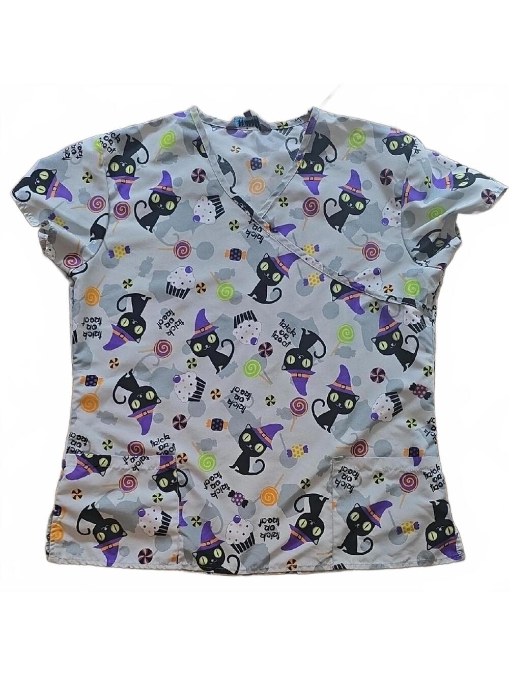 Halloween Cat Print Scrub Top size Large